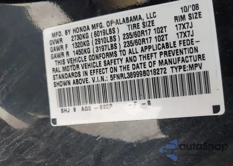 2009 Honda Odyssey Touring from USA, damaged, VIN 5FNRL38999B018272
